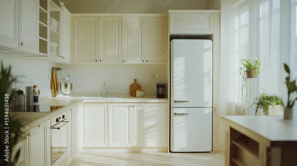 Fototapeta premium A bright and modern kitchen features white cabinets and a retro refrigerator