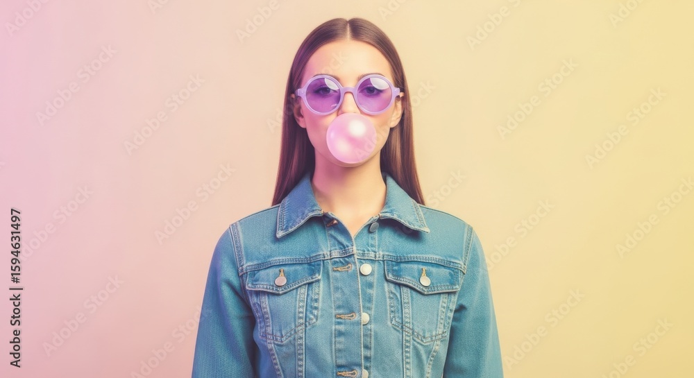 A stylish young woman in a denim jacket and sunglasses blows a pink bubblegum bubble. A stylish young woman in a denim jacket and sunglasses blows a pink bubblegum bubble.