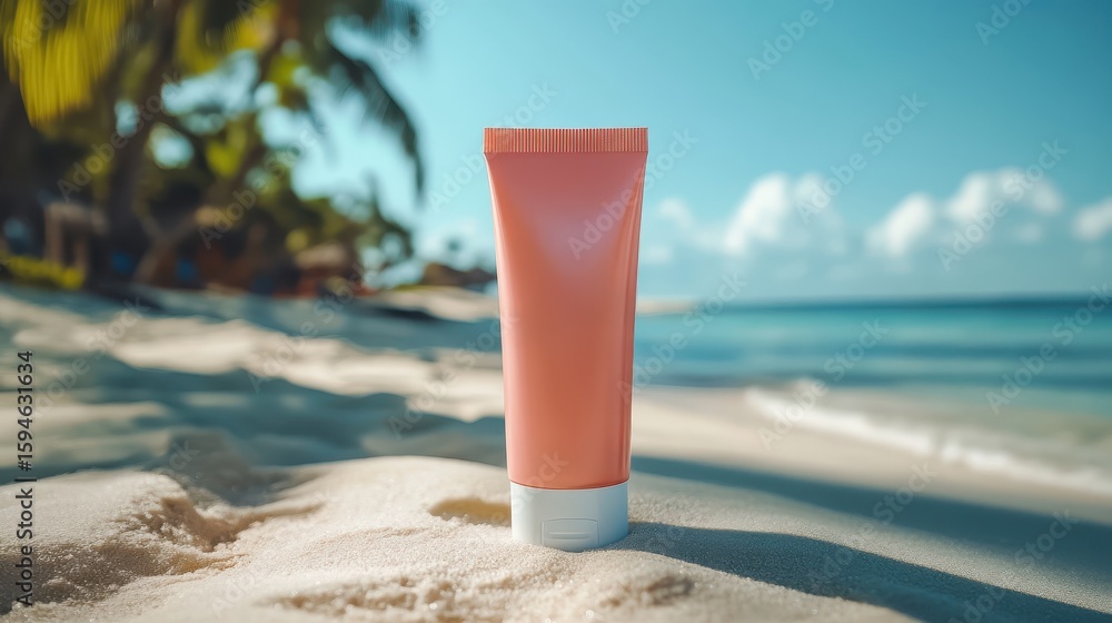 Tinted Sunscreen Tube on Beach Sand with Clear Sky and Ocean Tinted Sunscreen Tube on Beach Sand with Clear Sky and Ocean