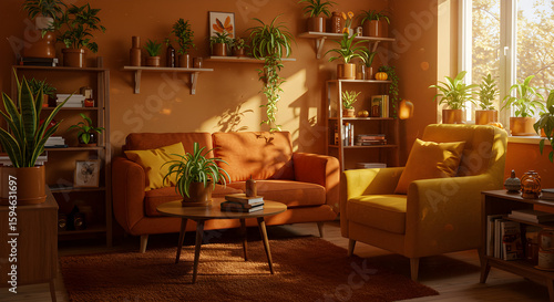 A fall room decor idea with indoor plants. The room has a warm color palette of oranges, yellows, and browns	