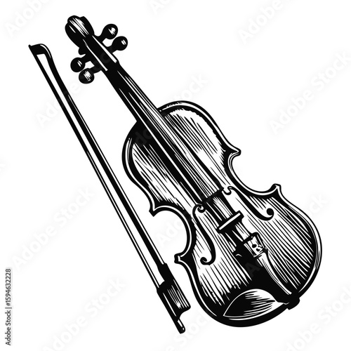 Old violin with bow depicted in vintage engraving style illustration. Old violin with bow components highlighted: strings, body, and bridge, for classic musical expression.