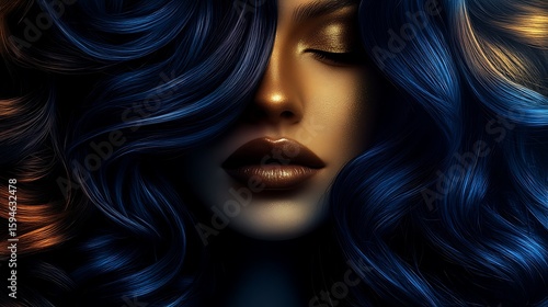 A modern, surrealist close-up of a face fading into bronze and navy-colored smoky curls, high-contrast lighting and soft gradients.