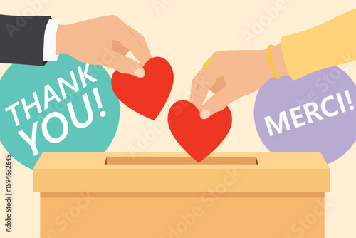 Donation box and charity concept. Hands putting red heart to donation box