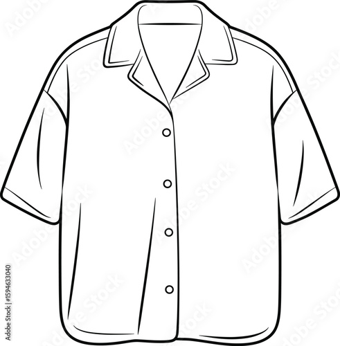 Stylish unisex fashion flat sketch: classic oversized button-up shirt with Cuban collar and short sleeves, versatile design for casual or resort wear, editable vector illustration, front view.
