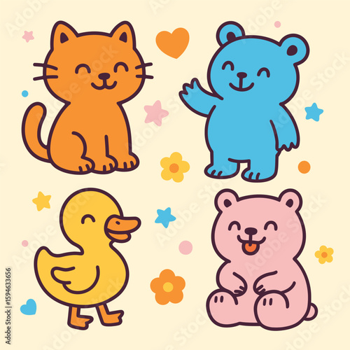 Cute cartoon animals set with cat, duck, and bears surrounded by colorful hearts, stars, and flowers – fun illustration for kids
