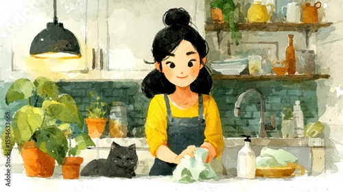 Woman washing dishcloth in kitchen