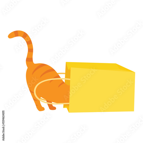 Ginger cat play with yellow paper shopping bag. Cat pushing head into paper bag