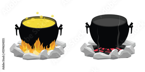 Hiking pot, cauldron in the bonfire. Empty cauldron and bowler with boiling soup at the stake