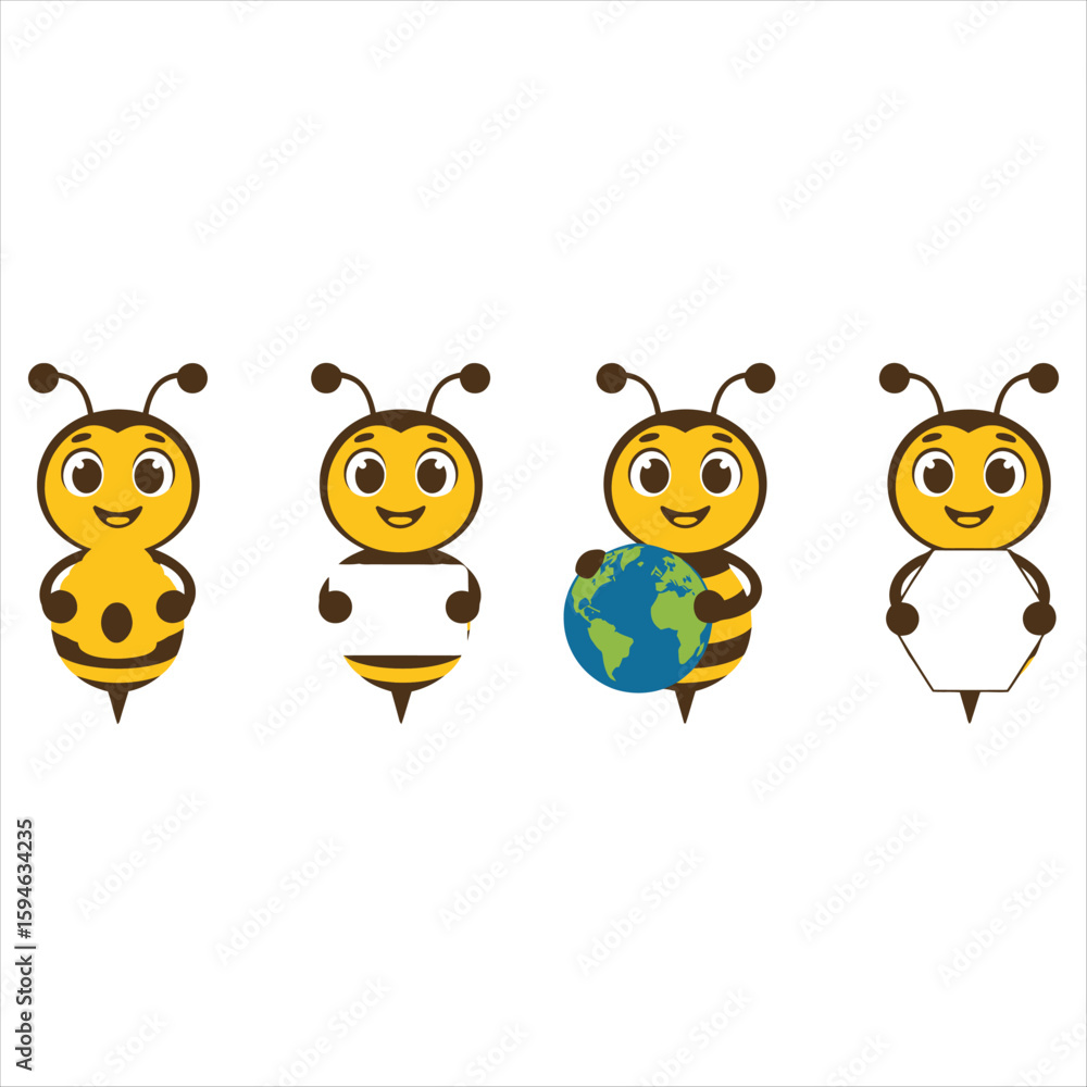 Obraz premium Cartoon Bees Holding Objects Including Earth and Blank Sign