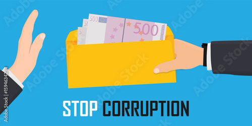 Refusing money offered in an envelope. Anti corruption scene illegal bribe money transfer