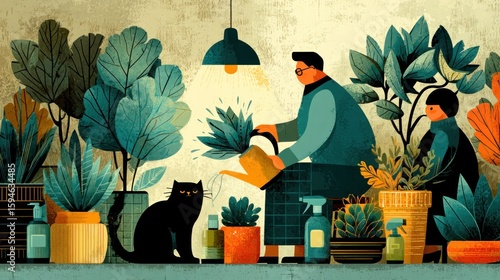 Family Watering Plants Under Lamp in Indoor Garden