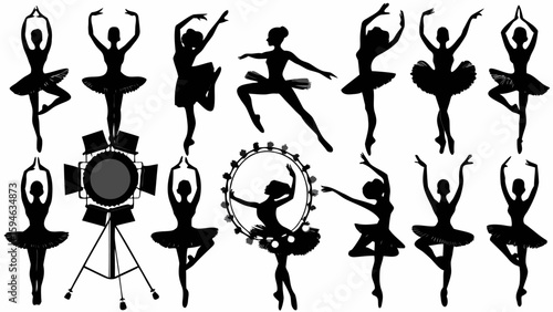 Silhouettes of ballerinas in various poses with a spotlight and a floral hoop on a white background