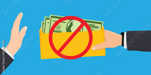 Refusing money offered in an envelope. Anti corruption scene illegal bribe money transfer