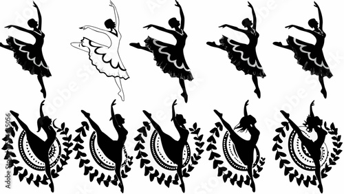 Silhouettes of ballerinas in various poses with decorative floral and circular elements displayed neatly
