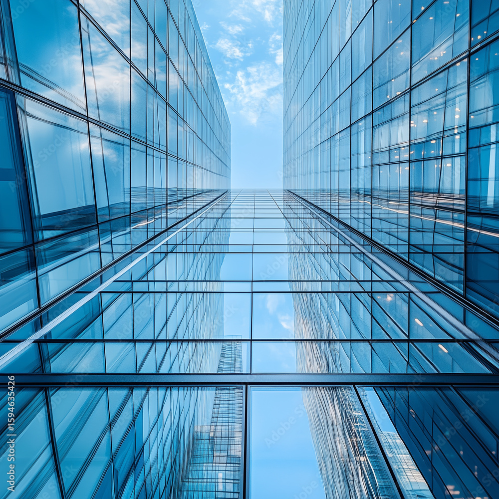 Obraz premium Looking up at modern glass skyscrapers reflecting the blue sky