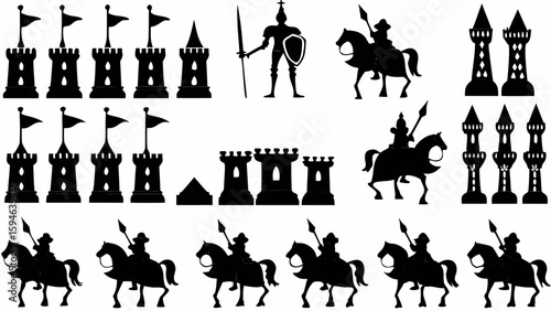 Black silhouettes of castles, towers and knights on horseback in a medieval fantasy setting illustration