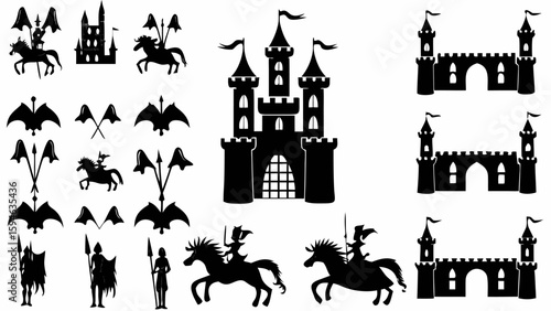 Collection of medieval themed silhouettes featuring castles knights horses flags and various heraldic elements
