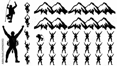 Silhouette illustration featuring climbers in various poses and mountain range depictions for adventure themes