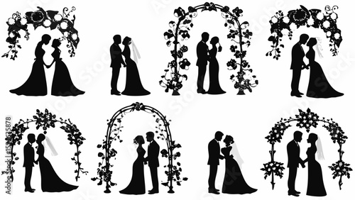 Silhouettes of couples getting married under floral arches in a black and white wedding celebration scene