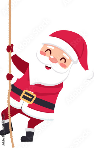 Cartoon Santa Claus climbing rope with happy smile