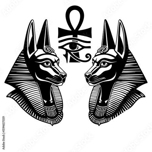 Anubis Vector Illustration with Eye of Ra and Ankh Symbol