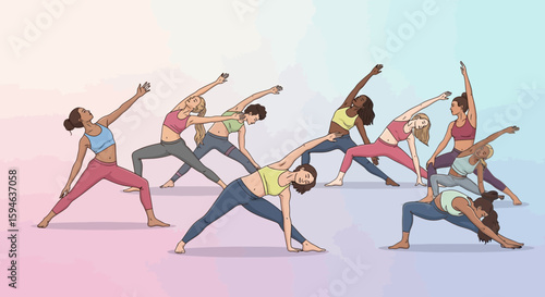 Diverse group of women practicing triangle pose during an indoor yoga class
