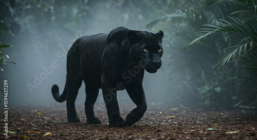 Majestic black panther strides through a misty, verdant jungle path.