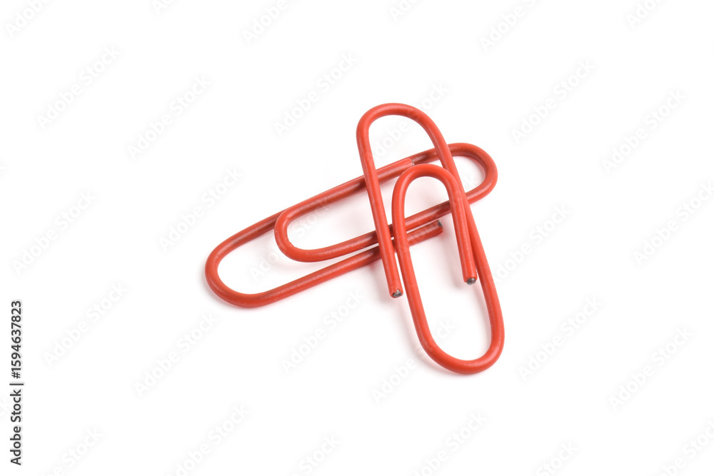 Two red paper clips isolated on white background Two red paper clips isolated on white background