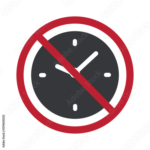 Isolated wall clock icon with prohibition sign, symbolizing no time, missed deadlines, overdue date, time pressure, and lack of available hours.