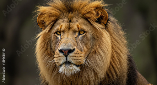 Majestic male lion portrait, intense gaze, golden mane, powerful presence.