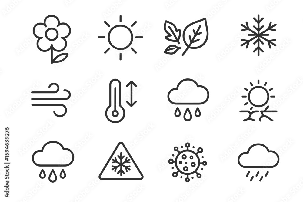 Obraz premium Weather icons set: sun, rain, snowflake, wind, flower, leaf, cloud, thermometer