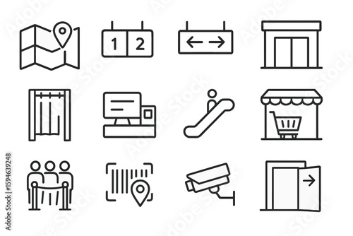 Shopping mall icons: escalator, shopping cart, security camera, direction signs