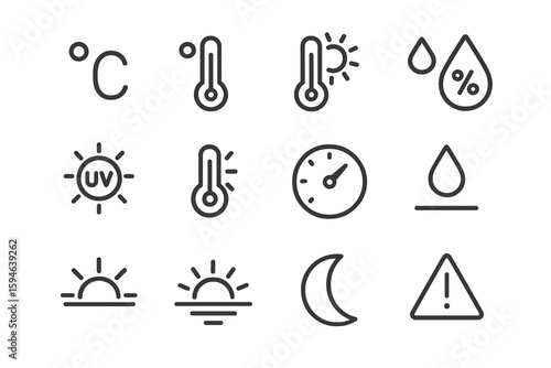 Weather icons set: temperature, humidity, uv, thermometer, warning, day, night