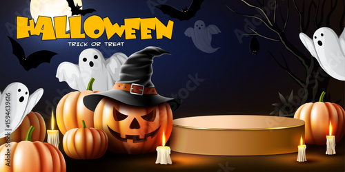 happy halloween and halloween festival products display and presentation background vector illustration.candles,ghosts and pumpkins decoration haunted horror banner design element.