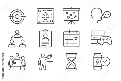 Set of minimalist icons representing business, communication, and strategy