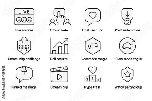 Interactive streaming features icons: emotes, polls, vip access, streaming tools