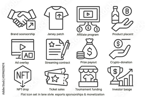 Esports sponsorship and monetization icons in modern outline style