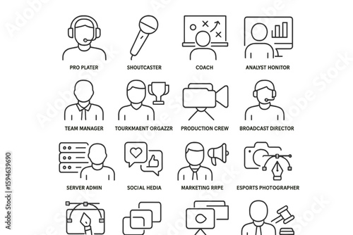 Esports industry roles icon set: coach, analyst, manager, director, photographer