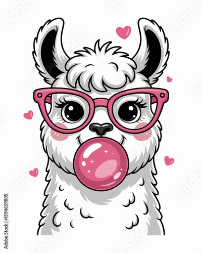 Funny vector illustration of an alpaca with chewing gum bubble