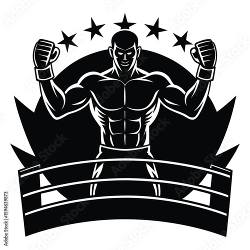Fighter with fists raised in victory inside a boxing ring with stars above