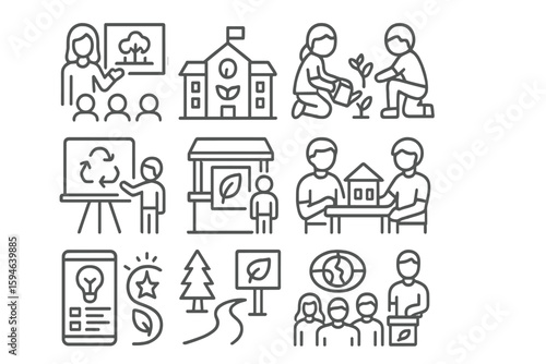 Environmental education and community involvement icons in simple outline style