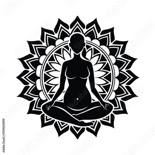 Silhouette of a woman meditating in a lotus pose with a black and white mandala