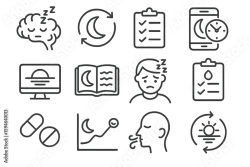 Sleep and health icon set illustrating rest, monitoring, and relaxation