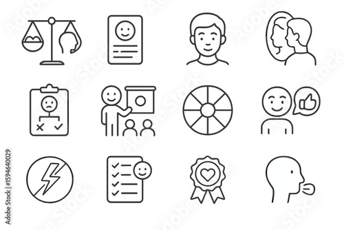Office icons set: presentation, feedback, balance, and reward symbols