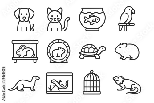 Cute pet outlines: dogs, cats, birds, fish, and small animals icons