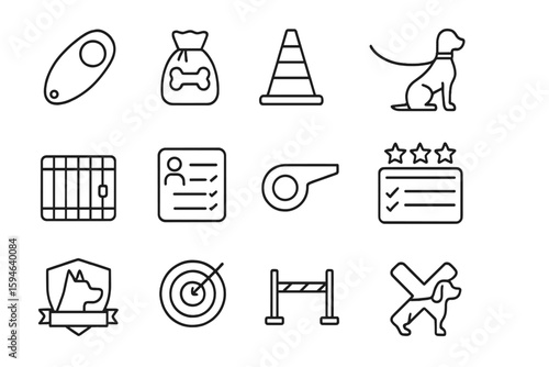 Dog training icons: leash, whistle, agility, rewards, badge, checklist, crate