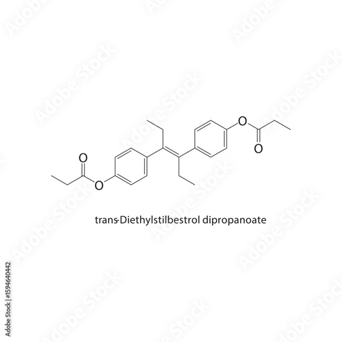 trans-Diethylstilbestrol dipropanoate skeletal structure. Estrogen Ester compound schematic illustration. Simple diagram, chemical formula.