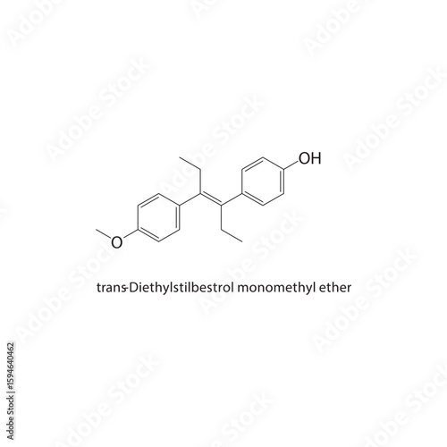 trans-Diethylstilbestrol monomethyl ether skeletal structure. Estrogen Ether compound schematic illustration. Simple diagram, chemical formula.