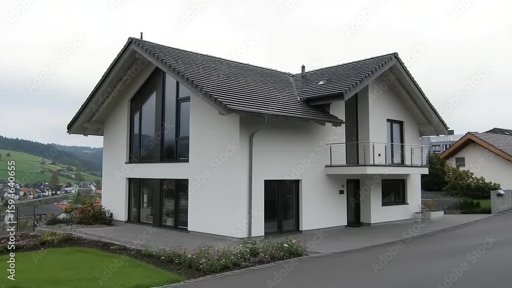 Modern house with large windows and a balcony. Modern house with large windows and a balcony.