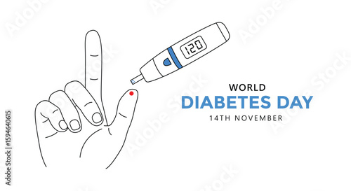 World Diabetes Day illustration: a hand pricking a finger for blood glucose testing with a digital glucometer.